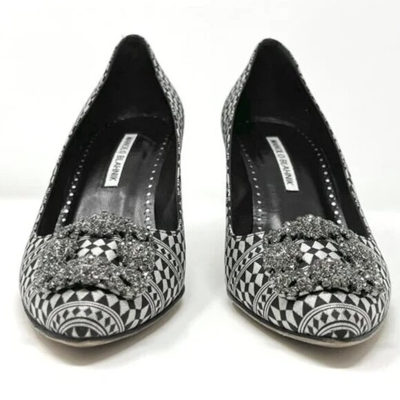 Manolo Blahnik Crystal Hangisi Silver Black Jacquard Print Heels - Picture 3 of 8